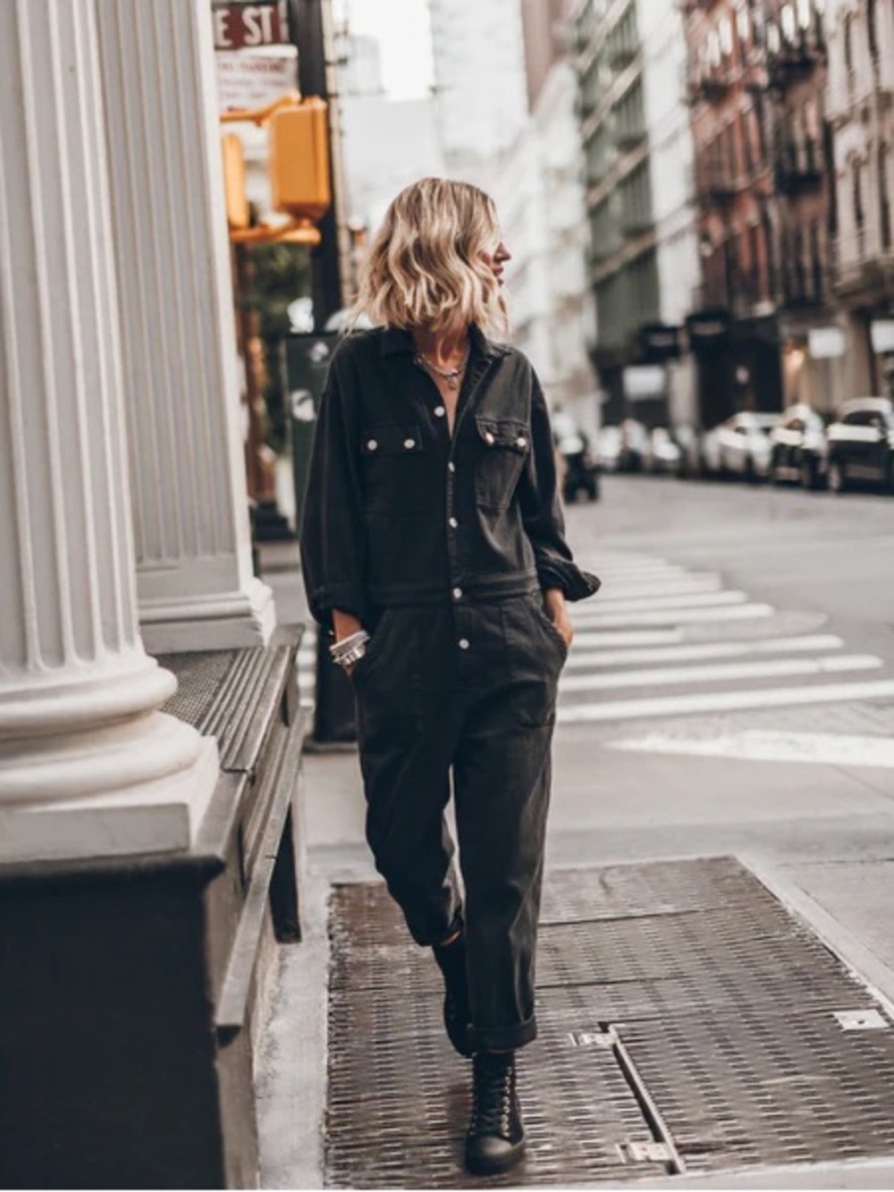 Mikuta The Charcoal Jumpsuit Women's Black Utility Button-Front Jumpsuit Large